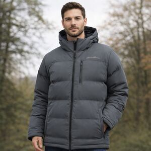 Eddie Bauer Men’s Puffer Jacket – Hooded, Warm, Lightweight – Charcoal Grey